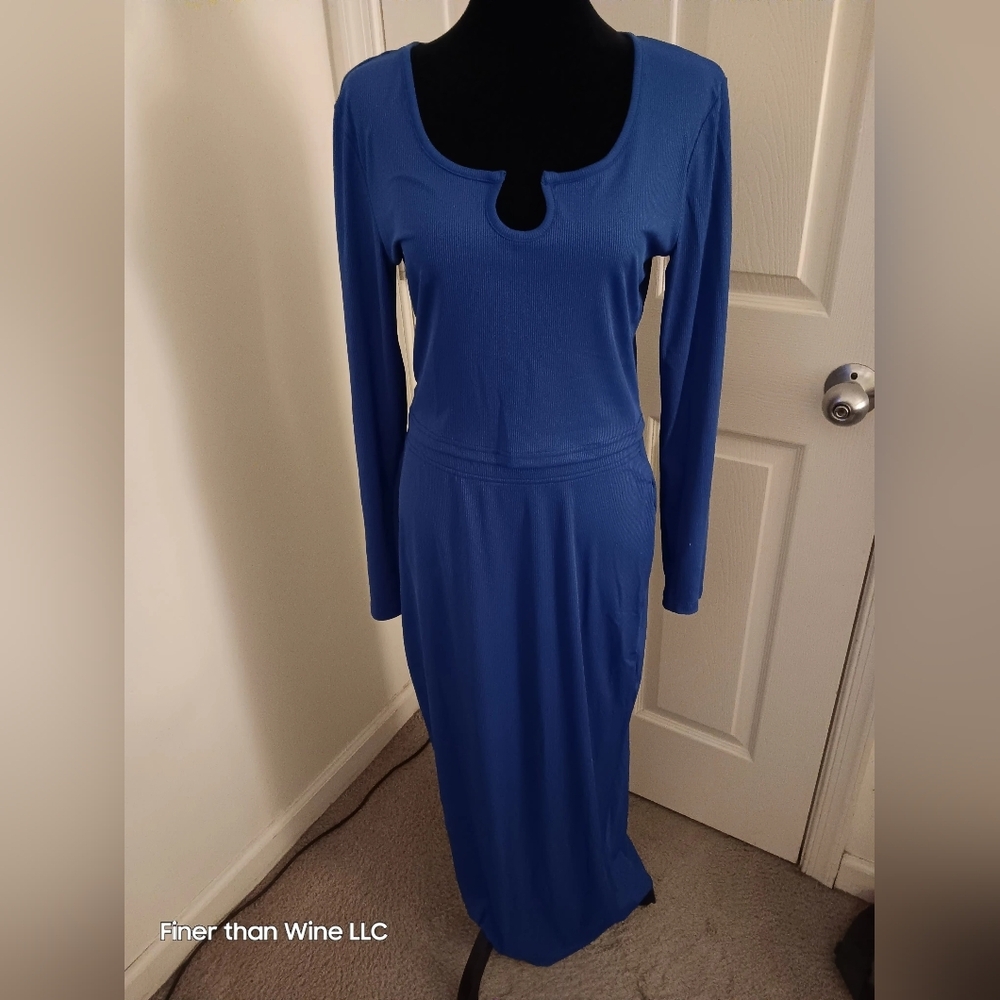 Blue Keyhole Neck long-sleeved Full-Length skirt 2pc set Outfit Women Size XL